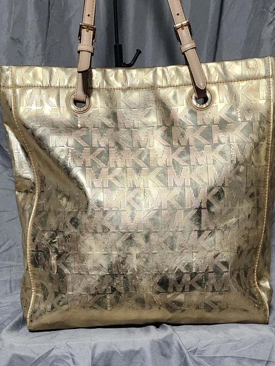 Michael Kors Pale Gold Metallic Jet Set Logo Embossed Tote Bag Shoulderbag Purse - Picture 2 of 7